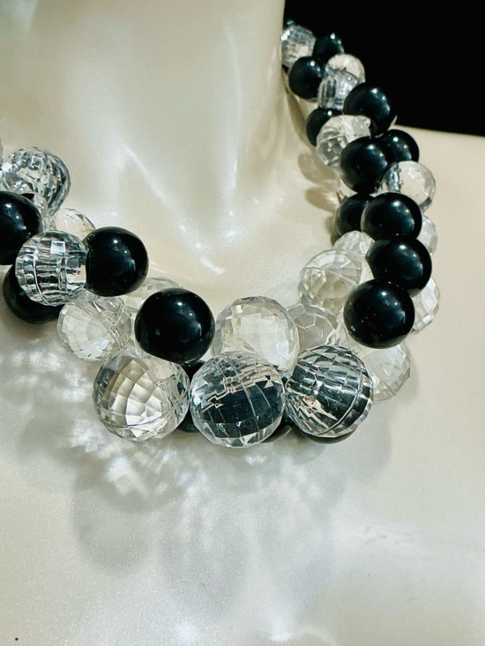 Chunky Party Disco Ball Statement Necklace BLK & Clear ACRYLIC Faceted Bead